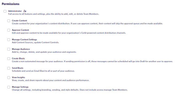 A screenshot of Cerkl Team Member Permissions
