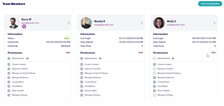Screenshot of Cerkl's new admin permissions. Shows two Admins and one Team Member