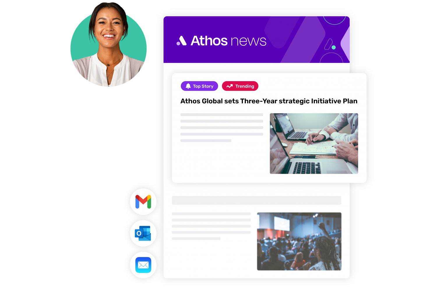 Athos corporate newsletter with highlighted story that reads "Athos Global sets Three-Year strategic Initiative Plan" with Gmail, Outlook, and Apple email logos