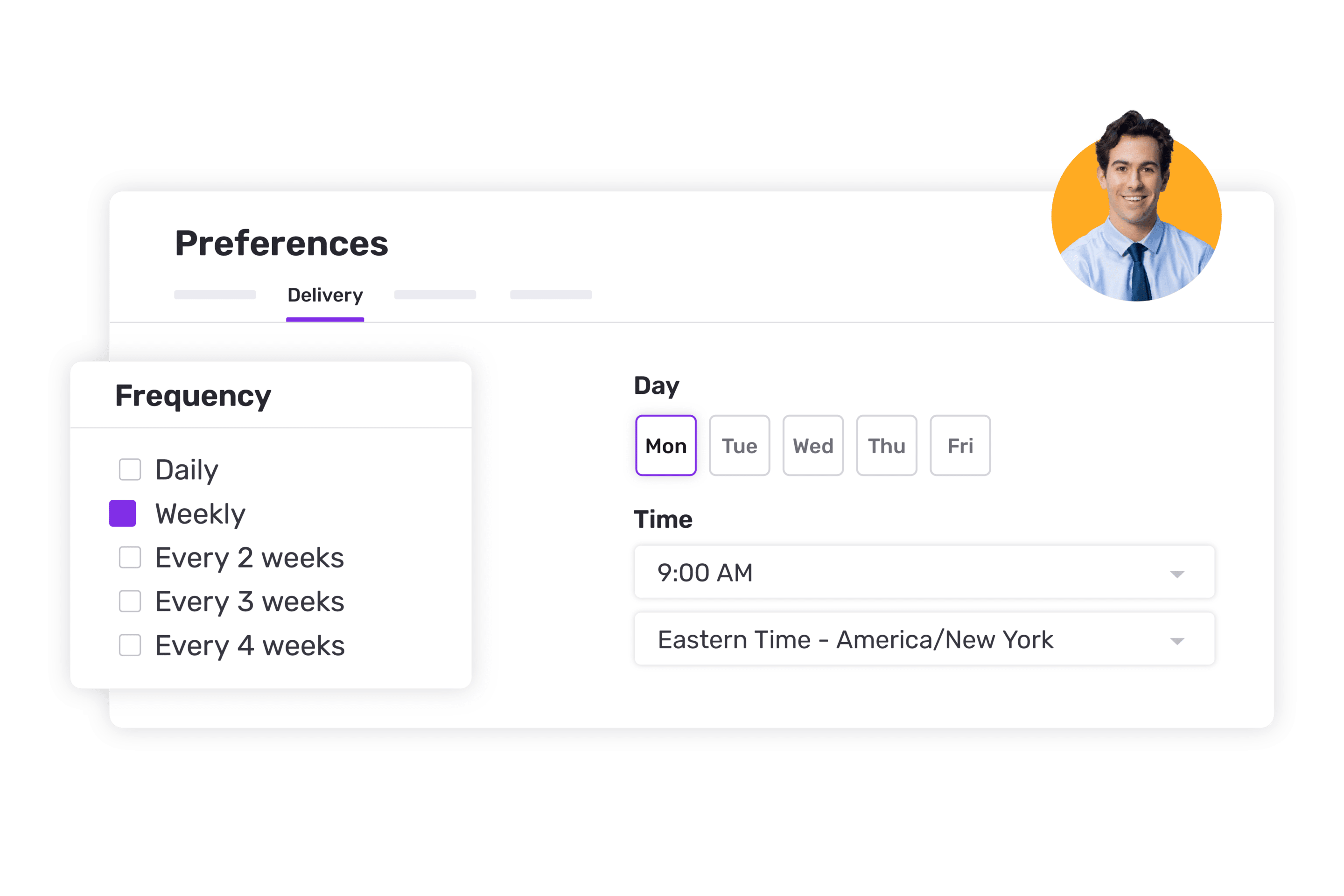 Delivery preferences with the selections weekly on Monday at 9:00 AM EST
