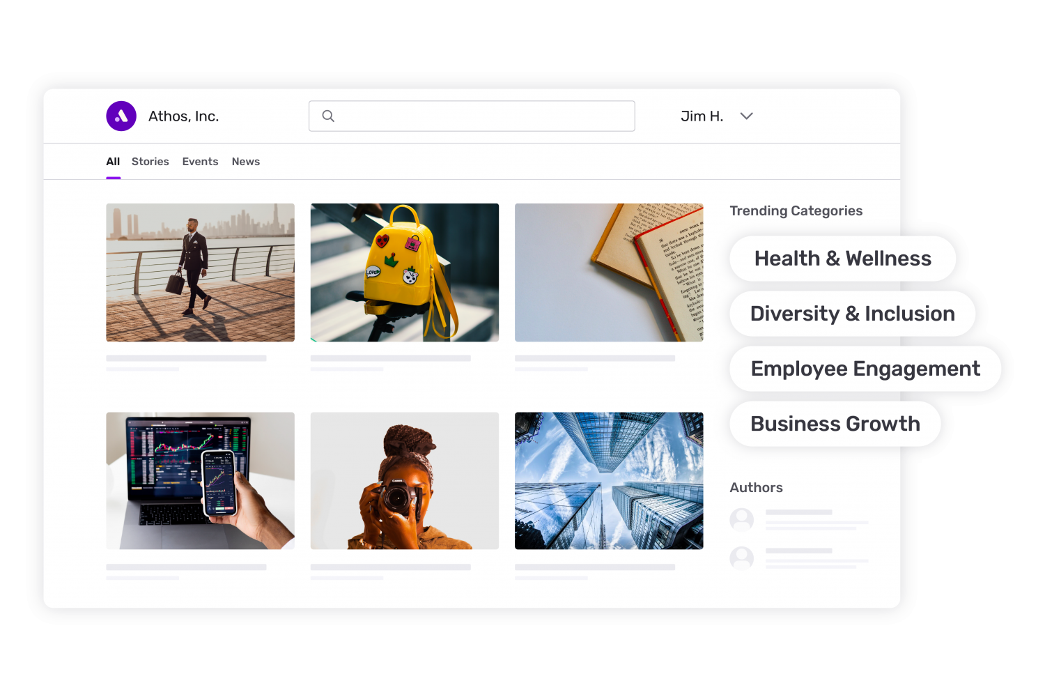 Content archive home screen highlighting the following trending categories: Health & Wellness, Diversity & Inclusion, Employee Engagement, Business Growth