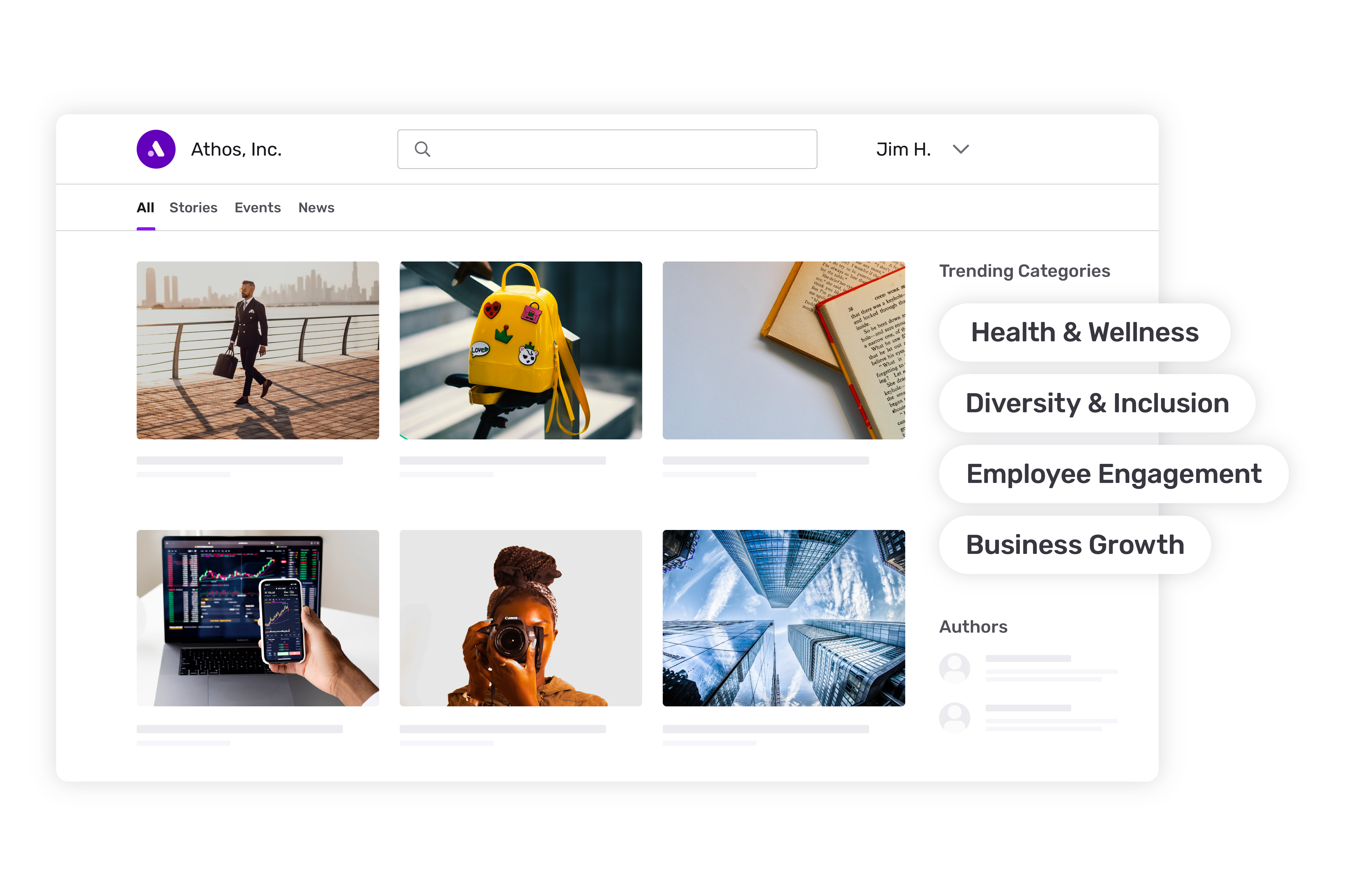 Content archive home screen highlighting the following trending categories: Health & Wellness, Diversity & Inclusion, Employee Engagement, Business Growth